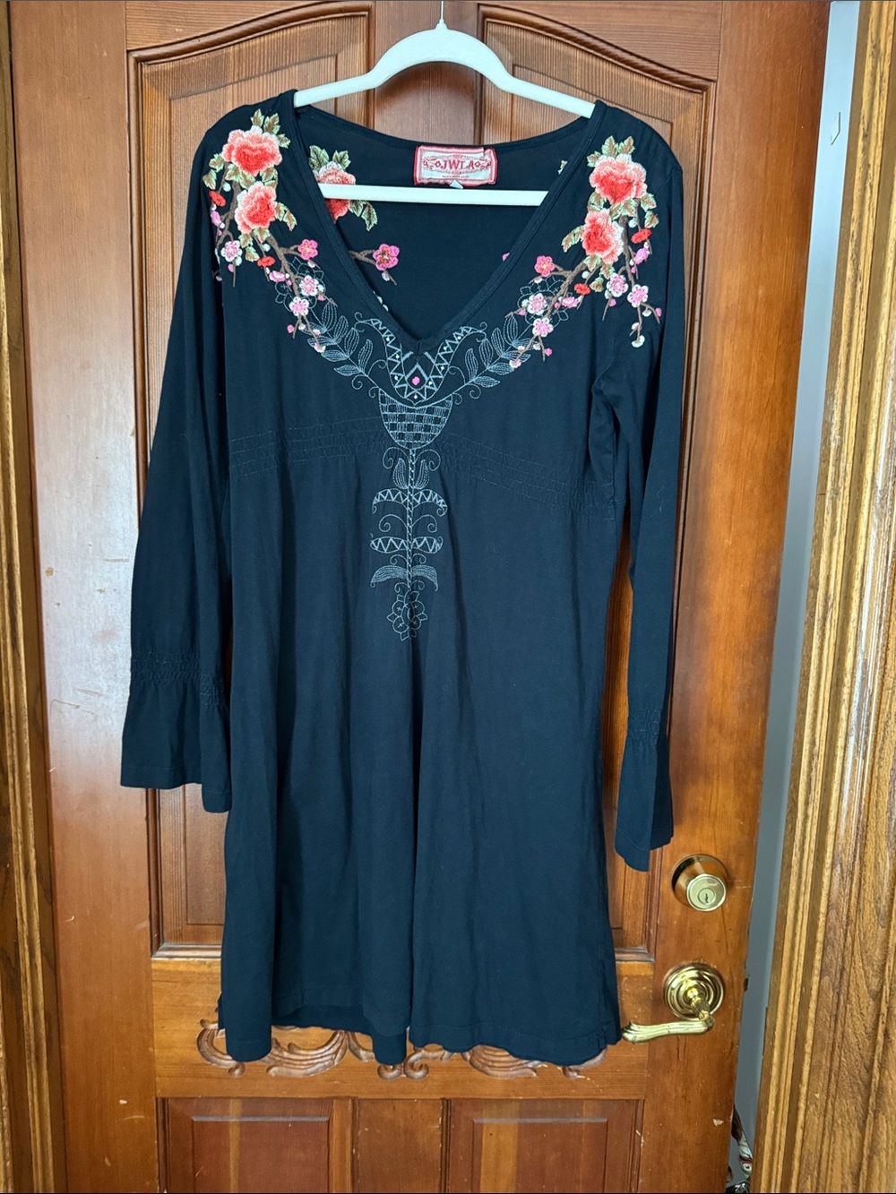 Johnny Was LA Black Embroidered V-Neck Dress with Pink Floral Accents